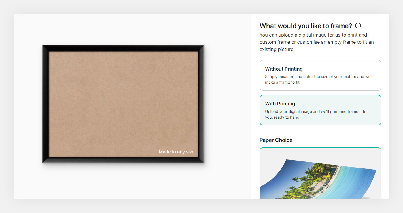 Choosing whether to order a framed print or an empty frame